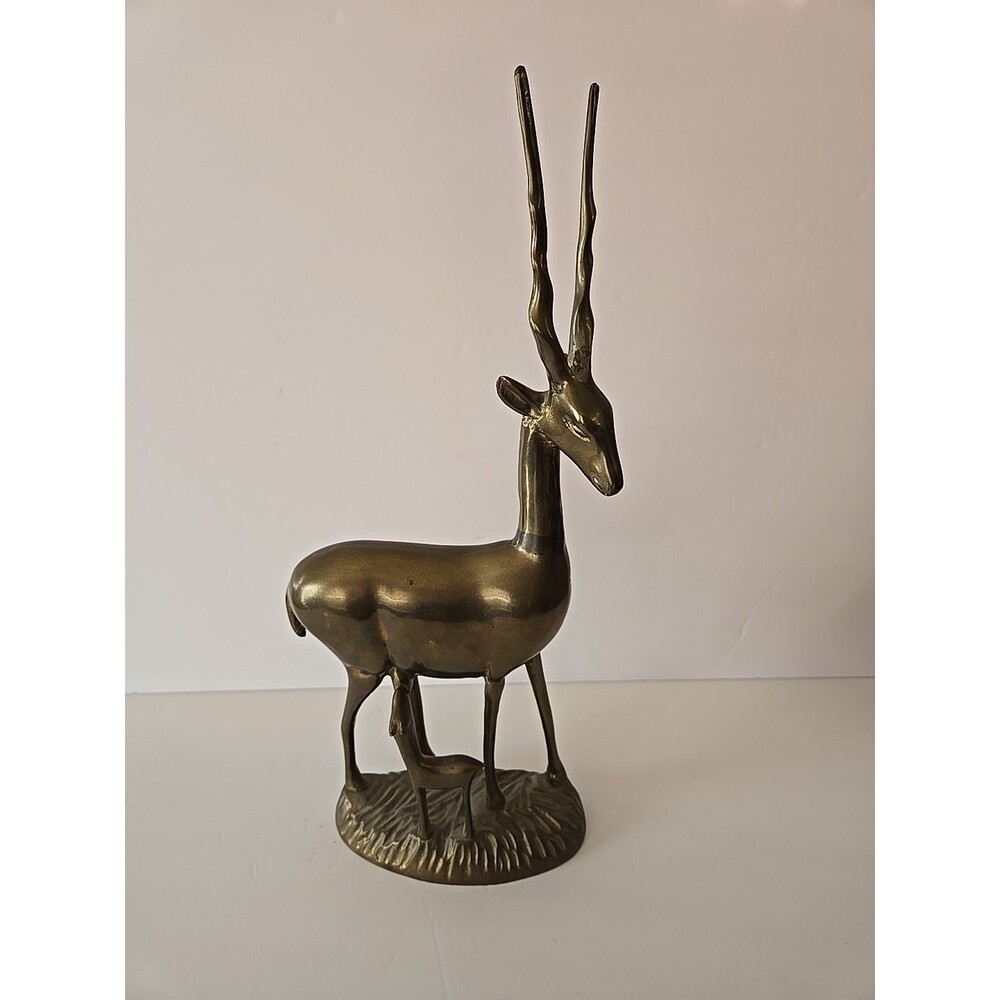 MCM Solid Brass Gazelle Antelope Impala Nursing Fawn Figurine Vintage